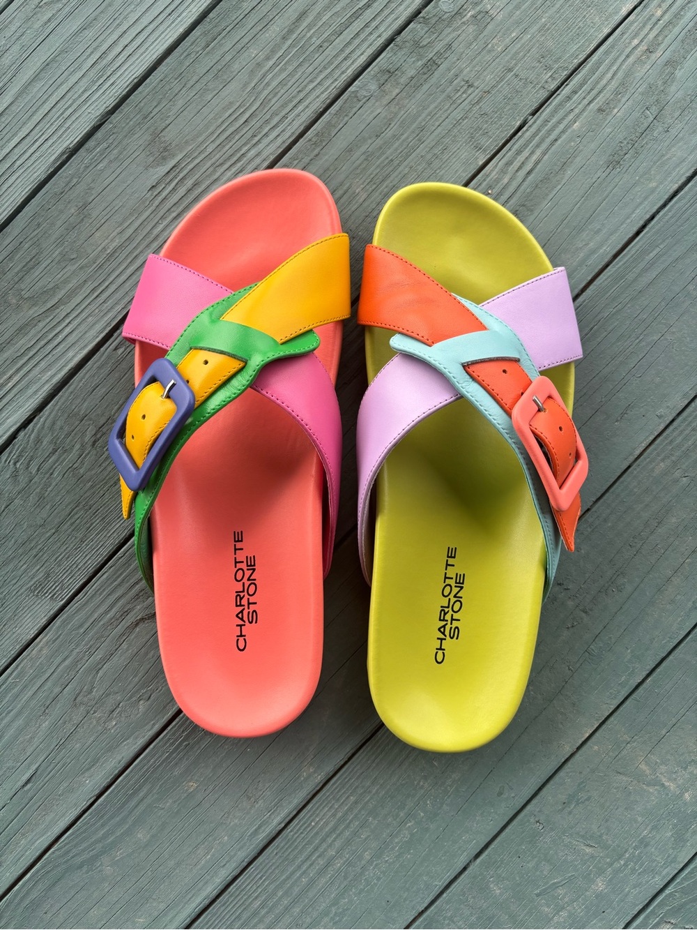 Charlotte Stone Colorblock Cross-Strap Slide Sandals - Coral & Lime